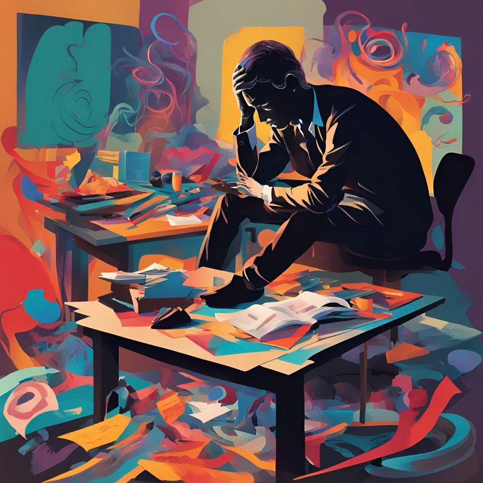 A man sits pensively at a cluttered desk, surrounded by vibrant abstract art.
