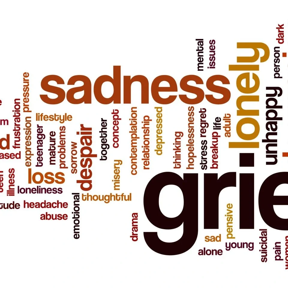 Words associated with grief and sadness, including "lonely," "loss," and "despair."
