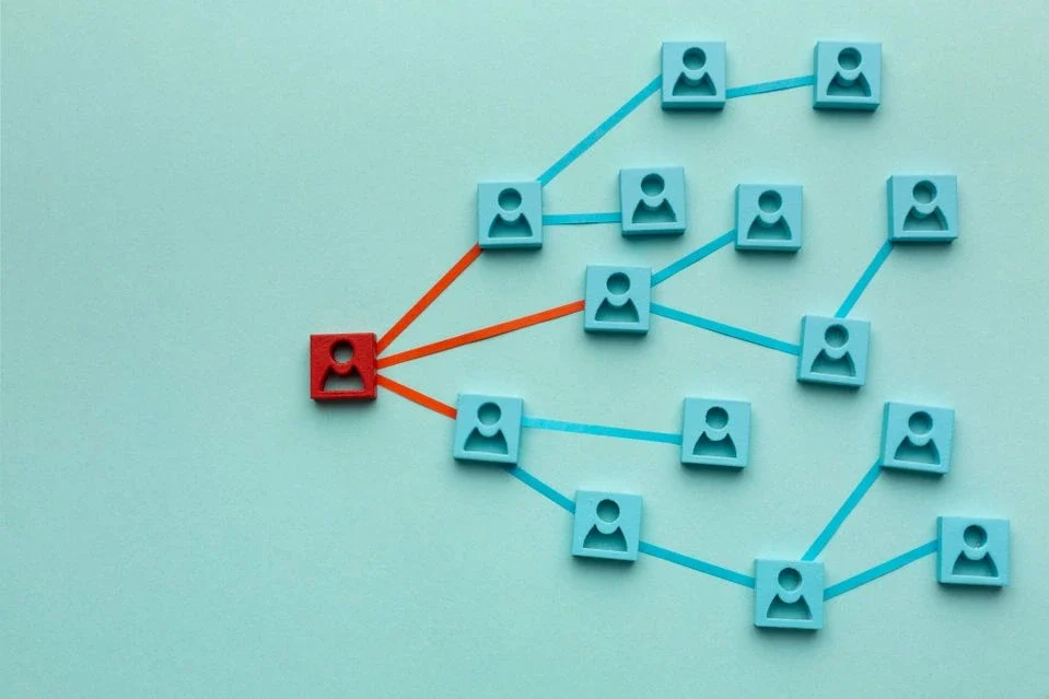 A network diagram featuring one red node connected to multiple blue nodes.