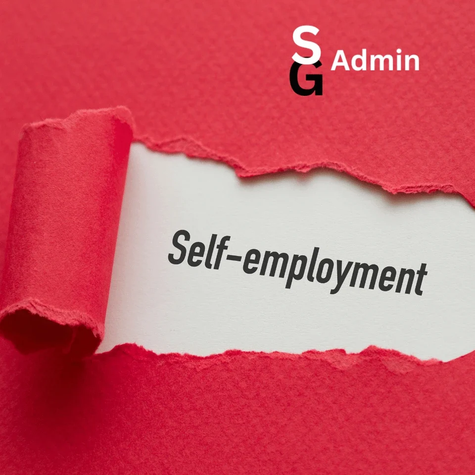 Text on torn paper reads "Self-employment" against a red background.